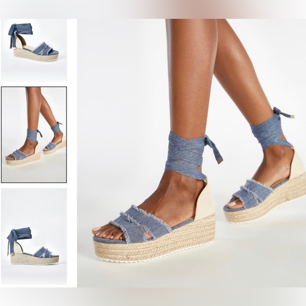 JUST FAB Denim Jeans Espadrille Platform Wedge Sandal - NWOT - Size 8 - Picture 2 of 10
